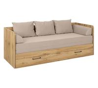 PEGANE Lit canapé Convertible 80-160x200 cm Coloris Chêne wotan avec Coffre de Rangement, Matelas et 3 oreillers Beige - Longueur 200,5 x Profondeur 79/154 x Hauteur 73 cm