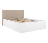 PEGANE Lit Coffre 140x200 avec tête de lit capitonnée,Coloris Blanc Brillant/Textile Beige - Longueur 209,5 x Profondeur 156 x Hauteur 95/40,5 cm