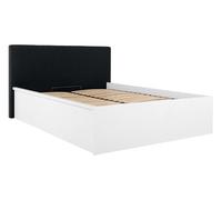 PEGANE Lit Coffre 140x200 avec tête de lit capitonnée,Coloris Blanc Brillant/Textile Noir - Longueur 209,5 x Profondeur 156 x Hauteur 95/40,5 cm