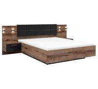 PEGANE Lit Coffre 160x200 + 2 Tables de Chevet éclairage LED avec sommier et Rangement Coloris Chêne Marron foncé/Chêne Noir - Longueur 206 x Profondeur 165-265 x Hauteur 42-98,5 cm