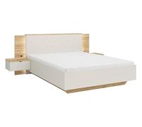PEGANE Lit Coffre 160x200 avec 2 chevets à LED+USB, Coloris Chêne mauvella/Beige - Longueur 310,5 x Profondeur 167 x Hauteur 110/42,5 cm