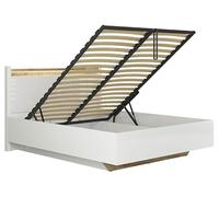 PEGANE Lit Coffre 160x200 avec sommier et Rangement + LED, Coloris Blanc Brillant/Chêne Clair - Longueur 208,5 x Profondeur 165,5 x Hauteur 42,5-104 cm