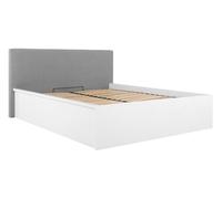 PEGANE Lit Coffre 160x200 avec tête de lit capitonnée,Coloris Blanc Brillant/Textile Noir - Longueur 209,5 x Profondeur 176 x Hauteur 95/40,5 cm