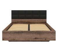 PEGANE Lit Coffre 160x200 avec tête de lit rembourrée Noir, sommier et Rangement,Coloris Chêne Marron foncé - Longueur 206 x Profondeur 165 x Hauteur 42-98,5 cm