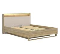 PEGANE Lit Coffre 160x200cm LED avec sommier et Rangement,Coloris Chêne mauvella/Beige - Longueur 218 x Profondeur 168 x Hauteur 100 cm