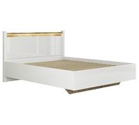 PEGANE Lit Double 160x200 lit 2 Places + éclairage LED, Coloris Blanc Brillant/Chêne Clair - Longueur 208,5 x Profondeur 165,5 x Hauteur 42,5-104 cm