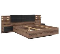 PEGANE Lit Double 180x200 + 2 Tables de Chevet éclairage LED Coloris Chêne Marron foncé/Chêne Noir - Longueur 206 x Profondeur 185-285 x Hauteur 42-98,5 cm