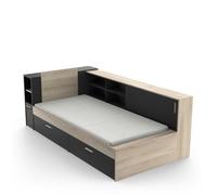 PEGANE Lit Enfant avec Rangement 90x190/200 cm Couleur chêne/Noir Mat - Largeur 119,2 x Profondeur 229,4 x Hauteur 87,7 cm