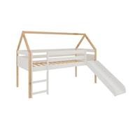 PEGANE Lit Enfant Style Maison avec Toboggan et échelle Coloris Bois et Blanc - Longueur 195 x Hauteur 145 x Profondeur 97 cm