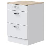 PEGANE Meuble Bas de Cuisine de 3 tiroirs avec Plan de Travail Coloris Blanc Brillant/chêne Canadien - Hauteur 90 x Longueur 60 x Profondeur 60 cm