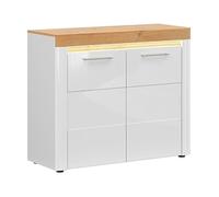 PEGANE Meuble de Rangement Commode à 2 Portes avec éclairage LED Coloris Chêne doré/Blanc Haute Brillance - Longueur 106,5 x Profondeur 42 x Hauteur 90 cm