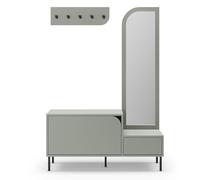 PEGANE Meuble d'entrée, Meuble à Chaussures Aspect Bois Coloris Vert avec Miroir et Portant, Pieds en métal Noir - Longueur 112 x Profondeur 38,50 x Hauteur 172 cm