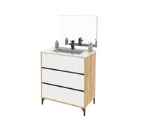 PEGANE Meuble sous-Vasque sur Pieds à 3 tiroirs avec Miroir (sans lavabo) Coloris Blanc/Chêne - Longueur 80,5 x Hauteur 91 x Profondeur 45,5 cm