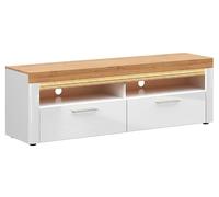 PEGANE Meuble TV à 2 tiroirs avec éclairage LED Coloris Chêne doré/Blanc Haute Brillance - Longueur 166 x Profondeur 42 x Hauteur 54 cm