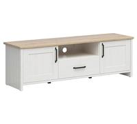 PEGANE Meuble TV avec 2 Portes et Un tiroir, Coloris Blanc pin Andersen/Chêne Clair - Longueur 160 x Profondeur 44 x Hauteur 50,5 cm