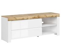 PEGANE Meuble TV avec 2 tiroirs,Coloris Blanc/Chêne wotan - Longueur 156 x Profondeur 42 x Hauteur 60,5 cm