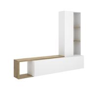 PEGANE Meuble TV avec Colonne de Rangement de 3 étagères Ouvertes et Caisson Horizontal modulable, Coloris Blanc/chêne Sonoma - Hauteur 183 x Longueur 220 x Profondeur 42 cm