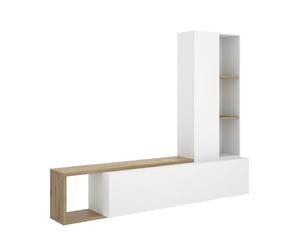 PEGANE Meuble TV avec Colonne de Rangement de 3 étagères Ouvertes et Caisson Horizontal modulable, Coloris Blanc/chêne Sonoma - Hauteur 183 x Longueur 220 x Profondeur 42 cm