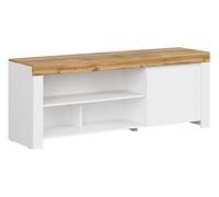 PEGANE Meuble TV Meuble Bas avec 1 Porte et 5 niches,Coloris Blanc/Chêne wotan - Longueur 156 x Profondeur 42 x Hauteur 60,5 cm