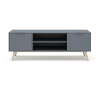 PEGANE Meuble TV, Meuble de Salon Aspect Bois avec 2 Portes et 2 niches Coloris Vert Kaki, Pieds en pin Coloris Blanc ciré - Longueur 140 x Profondeur 40 x Hauteur 53 cm