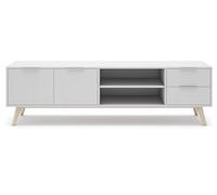 PEGANE Meuble TV, Meuble de Salon avec 2 Portes, 2 niches et 2 tiroirs en pin Coloris Blanc/Naturel - Longueur 180 x Profondeur 40 x Hauteur 53 cm