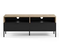 PEGANE Meuble TV, Meuble de Salon avec 2 tiroirs et 2 niches Aspect Bois Coloris chêne, Noir et Pieds en métal - Longueur 140 x Profondeur 40 x Hauteur 55 cm