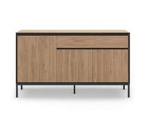 PEGANE Meuble TV, Meuble de Salon avec 3 Portes et 1 tiroir Aspect Bois Coloris Naturel et Pieds en métal Noir - Longueur 140 x Profondeur 40 x Hauteur 80 cm