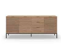 PEGANE Meuble TV, Meuble de Salon avec 3 tiroirs et 3 Portes Aspect Bois Coloris Naturel, Pieds en métal Coloris Noir -Longueur 180 x Profondeur 40 x Hauteur 80 cm