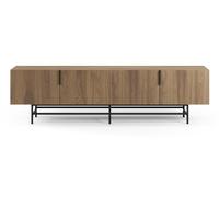 PEGANE Meuble TV, Meuble de Salon rectangulaire avec 4 Portes Aspect Bois Coloris chêne, Pieds en métal Noir - Longueur 200 x Profondeur 35 x Hauteur 55 cm