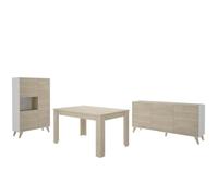 PEGANE Salle à Manger complète, Table à Manger Extensible + Buffet à 3 Portes + vitrine à 3 Portes et 1 Niche, Finition Coloris Naturel/Blanc