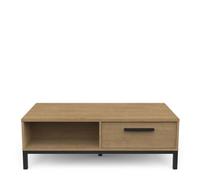 PEGANE Table Basse rectangulaire avec Rangement 2 niches 2 tiroirs Couleur chêne/Noir Mat - Largeur 110,4 x Profondeur 60 x Hauteur 36,9 cm