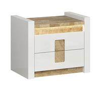 PEGANE Table de Chevet Table de Nuit avec 2 tiroirs et éclairage LED, Coloris Blanc Brillant/Chêne Clair - Longueur 97 x Profondeur 41,5 x Hauteur 123 cm