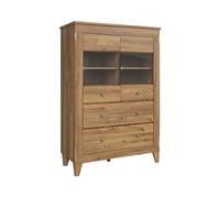 PEGANE Vitrine à 2 Portes en Verre trempé et 2 tiroirs avec éclairage LED, Coloris Mélèze doré - Longueur 102 x Profondeur 47 x Hauteur 150 cm