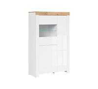 PEGANE Vitrine à LED Meuble de Rangement à 3 Portes,Coloris Blanc/Chêne wotan - Longueur 98 x Profondeur 42 x Hauteur 156,5 cm