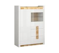 PEGANE Vitrine avec 2 Portes et 2 tiroirs,avec éclairage LED, Coloris Blanc Brillant/Chêne Clair - Longueur 102 x Profondeur 41 x Hauteur 141 cm