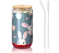 PEGQCVAM Cartoon Cute Bunny 473,6 gram Bamboo Couvercle et paille Gobelet sans BPA Gobelet réutilisable avec couvercle en bambou et paille en verre pour boissons chaudes ou froides