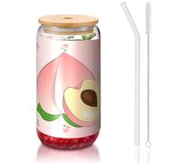 PEGQCVAM Cartoon Peach 473,6 gram Bamboo Couvercle et paille Gobelet sans BPA Réutilisable avec couvercle en bambou et paille en verre pour boissons chaudes ou froides