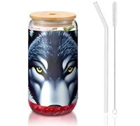 PEGQCVAM Fierce Wolf Head 473,6 g Couvercle et paille en bambou Sans BPA Gobelet réutilisable avec couvercle en bambou et paille en verre pour boissons chaudes ou froides
