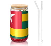 PEGQCVAM Flag Of Togo Gobelet réutilisable avec couvercle en bambou et paille en verre Sans BPA Pour boissons chaudes ou froides 473 ml