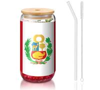 PEGQCVAM Gobelet en bambou avec couvercle et paille en forme de drapeau du Pérou - Sans BPA - Réutilisable - Avec couvercle en bambou et paille en verre - Pour boissons chaudes ou froides