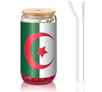 PEGQCVAM Gobelet en bambou avec couvercle et paille Motif drapeau de l'Algérie 473 ml Sans BPA Gobelet réutilisable avec couvercle en bambou et paille en verre pour boissons chaudes ou froides