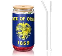 PEGQCVAM Gobelet en bambou avec couvercle et paille - Sans BPA - Réutilisable - Avec couvercle en bambou et paille en verre - Pour boissons chaudes ou froides - Motif drapeau de l'État de l'Oregon