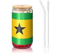 PEGQCVAM Gobelet réutilisable avec couvercle en bambou et paille - Sans BPA - Motif drapeau de Sao Tomé et Principe - 473,6 g - Pour boissons chaudes ou froides