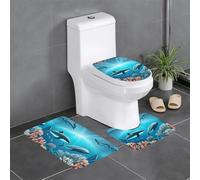 Pegqcvam Lot de 3 tapis de salle de bain motif baleines sous la mer, entièrement imprimé, tapis doux et antidérapant, adapté pour salle de bain, toilettes et sols.