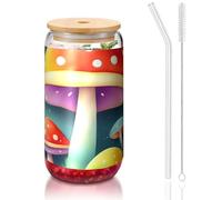 PEGQCVAM Mignon champignons colorés 473,6 g en bambou couvercle et paille tasse sans BPA Gobelet réutilisable avec couvercle en bambou et paille en verre pour boissons chaudes ou froides