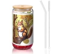 PEGQCVAM Nut-Eating Squirrel Gobelet réutilisable avec couvercle en bambou et paille en verre Sans BPA 473 ml
