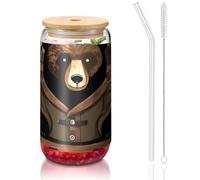 PEGQCVAM Rustic Lodge Bear Gobelet réutilisable avec couvercle en bambou et paille en verre pour boissons chaudes ou froides 473 ml