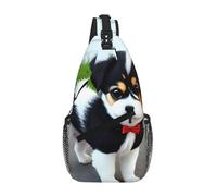 PEGQCVAM Sac de poitrine croisé noir et blanc en diagonale pour chiot, grande capacité, bretelles réglables, porte-gobelets et porte-parapluie des deux côtés.