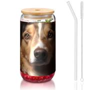 PEGQCVAM Tasse en bambou avec couvercle et paille en forme de chien avec fleurs Sans BPA Gobelet réutilisable avec couvercle en bambou et paille en verre pour boissons chaudes ou froides