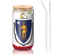 PEGQCVAM Tasse en bambou avec couvercle et paille - Sans BPA - Réutilisable - Avec couvercle en bambou et paille en verre - Pour boissons chaudes ou froides - Motif drapeau de l'État du Massachusetts